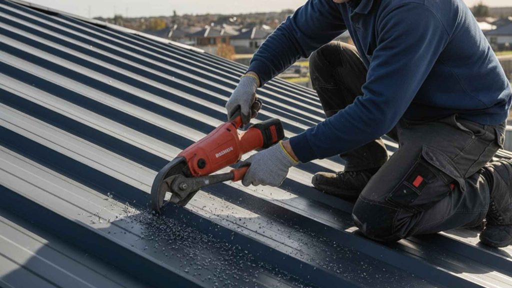 A man cutting metal roof with a metal shear, showing How to Cut Metal Roofing.